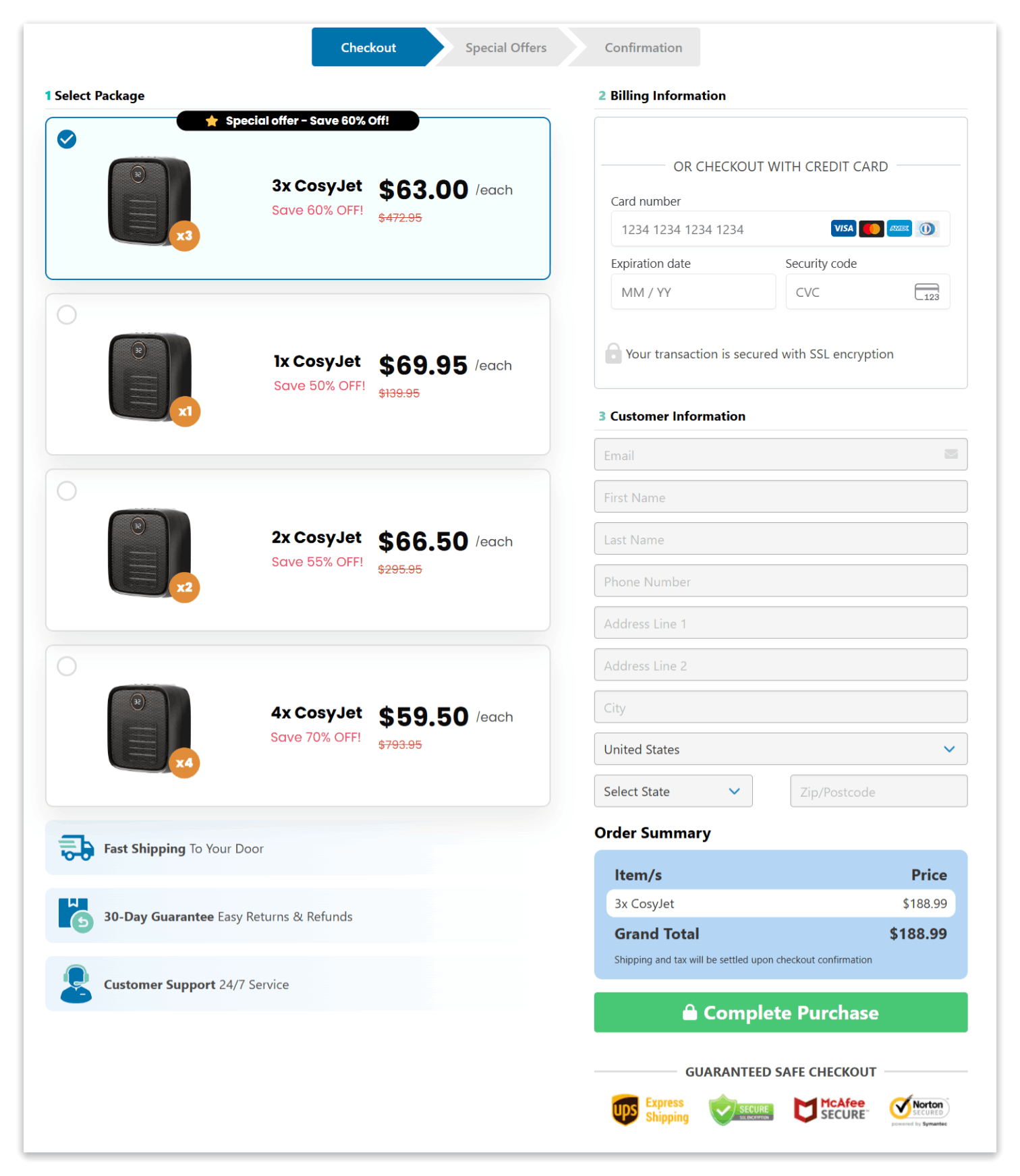 CosyJet secure checkout page